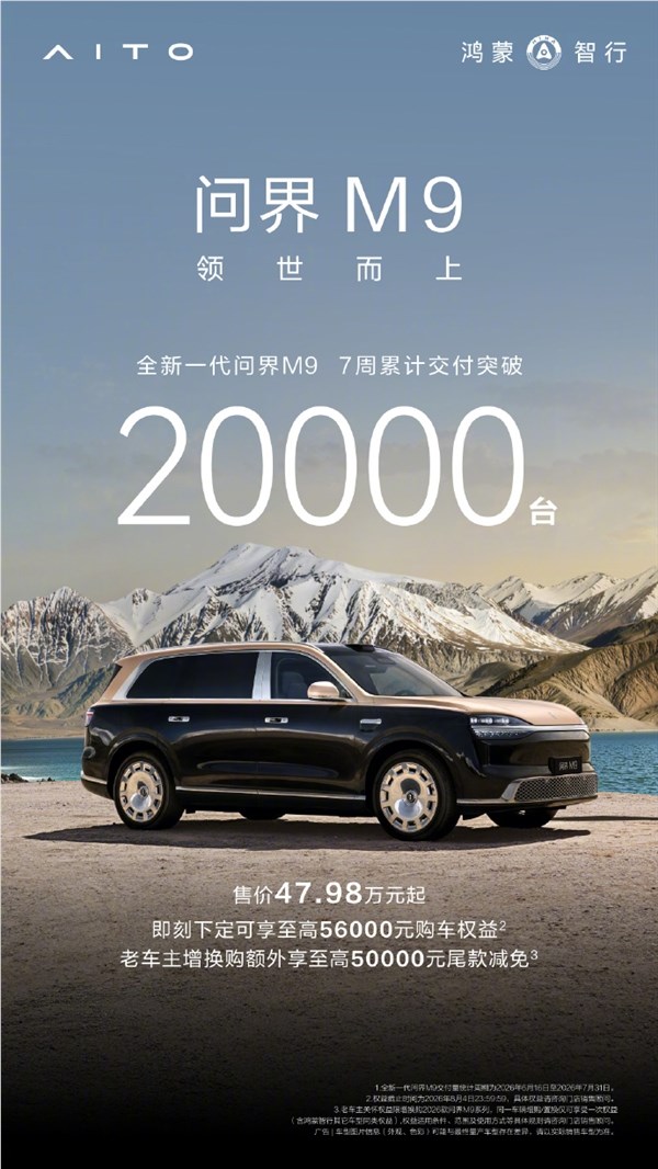 售价47.98万元起！全新一代问界M9交付7周累计突破2万台