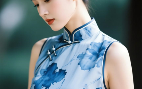 古典蓝色水墨风旗袍美女图片