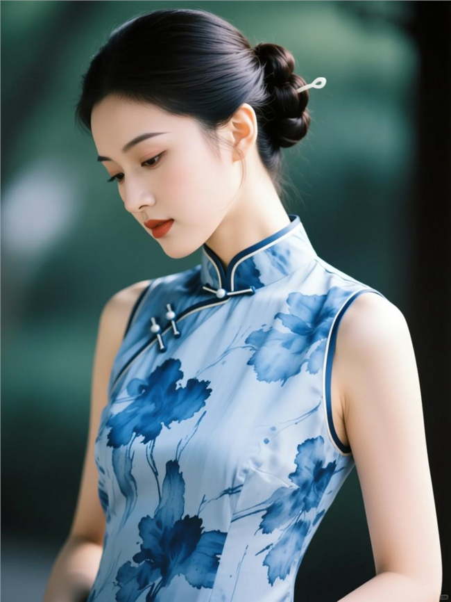 古典蓝色水墨风旗袍美女图片